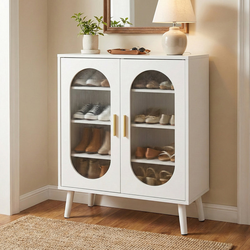 2-Door Shoe Cabinet with USB LED Light Strip, 4 Interior Shelves & 24-Key Adjustable Lighting, White