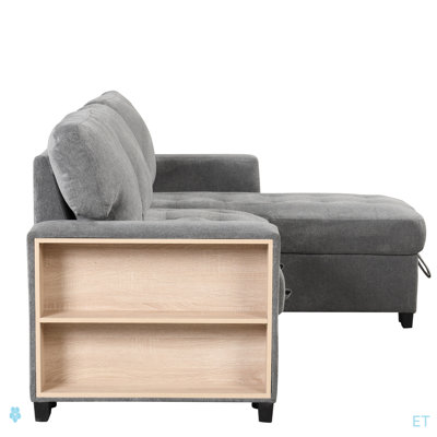 Stylish And Functional Light Chaise Lounge Sectional With Storage Rack Pull-Out Bed Drop Down Table  And USB Charger