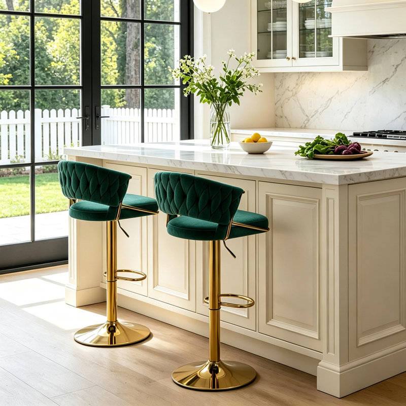 Christal Swivel Upholstered Adjustable Height Counter Stool, Dark Green, Gold