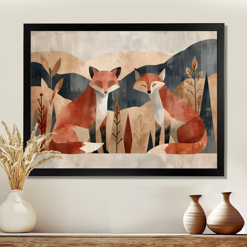 «Minimalist Fox Mountain Landscape II», reproduction d'art mural animal, Cadre simple noir, H 12 po x l 20 po