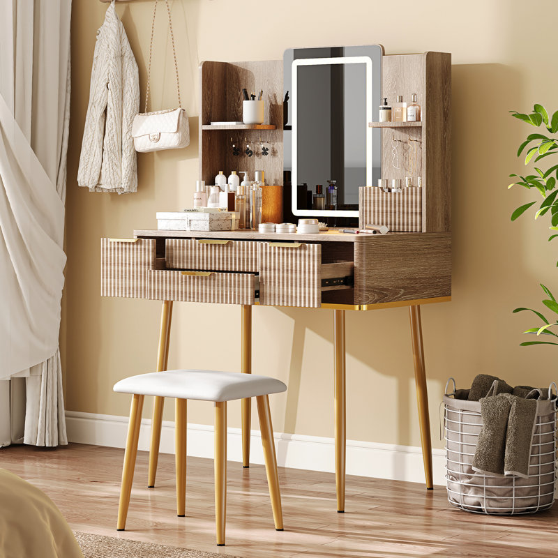 Meuble-lavabo cannelé avec 4 tiroirs, miroir à DEL et poignées en métal, coiffeuse à collier en forme de collier jaune et brun