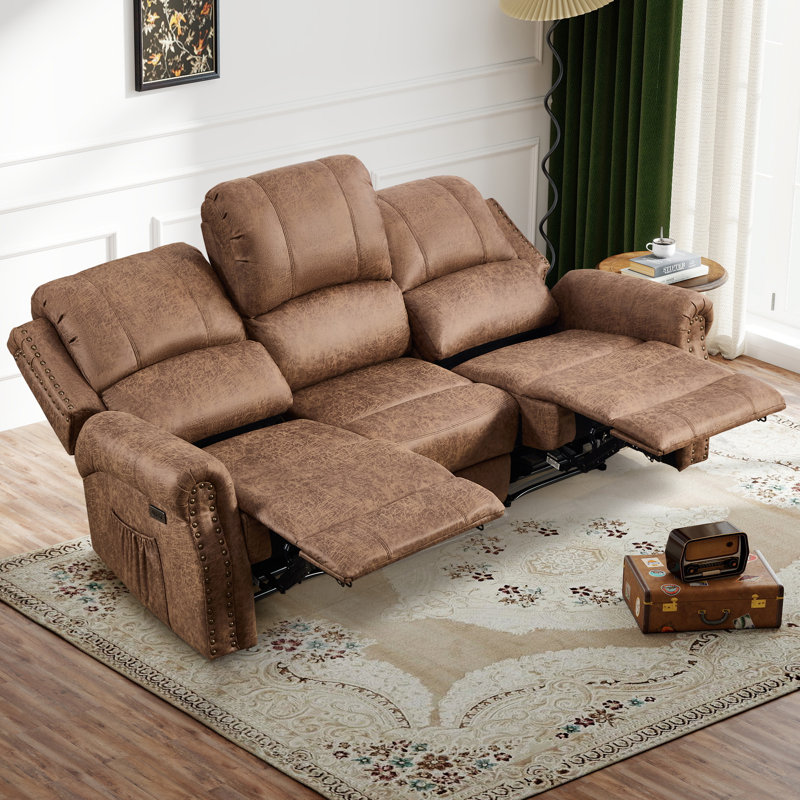 84.65'' Wide Faux Leather Nailhead Electric Reclining Sofa With USB & Type-C Ports, Vintage Style, Vintage Tan