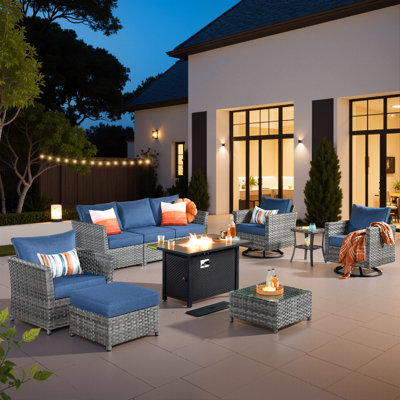 7-person Mostly No Assembly Required Outdoor Sectional With Cushions,swivel Rockers And Fire Pit,all-weather Wicker Patio Set