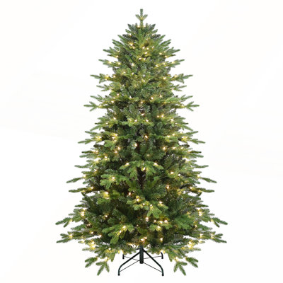 7.5FT Green PVC+PE Christmas Tree with 450 Warm White UL Lights – 2856 Tips, Hinged Branch Design, Realistic Needles, Sturdy Metal Stand, Easy Assembly