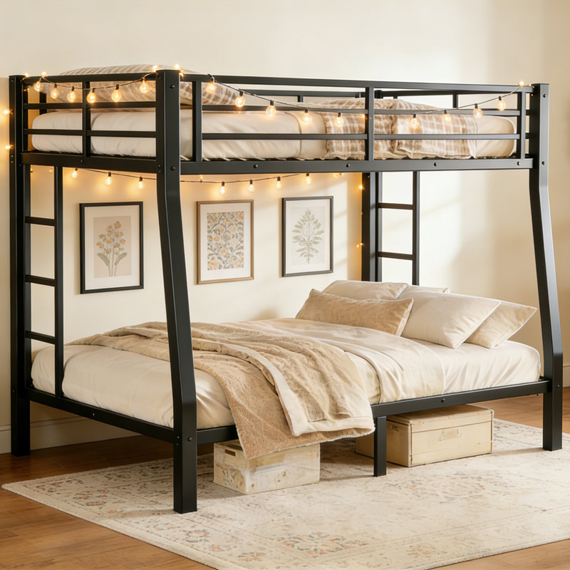 Full Xl Over Queen Metal Bunk Bed For Teens & Adults, Noise-reduced Design With 2 Side Ladders & Under Bed Storage, No Box Spring Needed, Black, Space-saving For Bedrooms & Shared Spaces