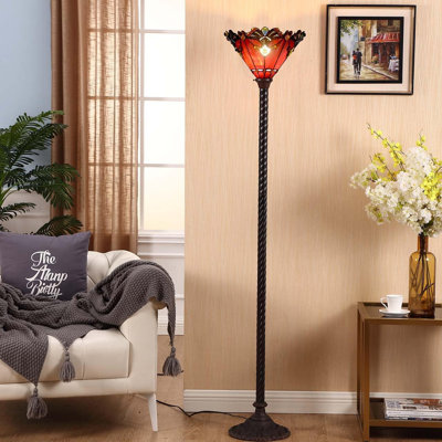 Lampe torchère sur pied en verre coloré style baroque Tiffany avec abat-jour fait à la main et base en métal