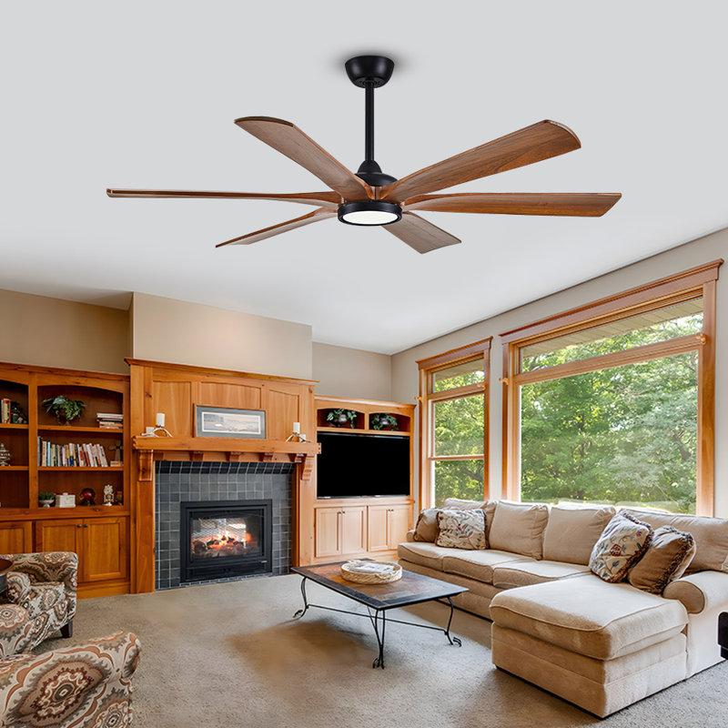 Ventilateur de plafond intérieur / extérieur avec 6 pales en bois massif, lumière, télécommande, moteur à courant continu réversible et 3 ampoules à DEL