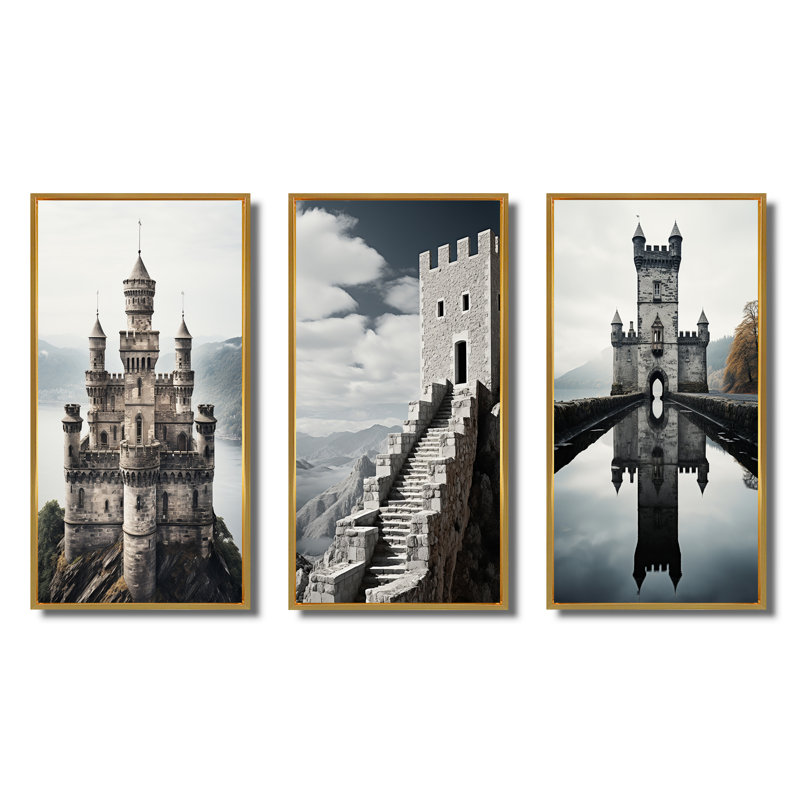 «Castles Minimalist Majesty III», 3 pièces sur toile, Encadrement doré, H 40 po x l 60 po