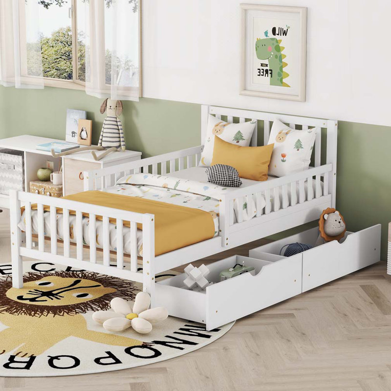 Lit plateforme en bois avec garde-corps des deux côtés et deux tiroirs de rangement, Lit simple, Blanc