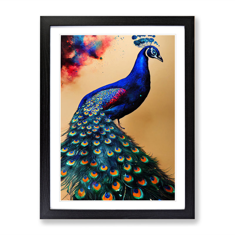 Vivid Peacock - Wall Art, Black Framed Paper, 36cm H x 27cm W x 2cm D, White