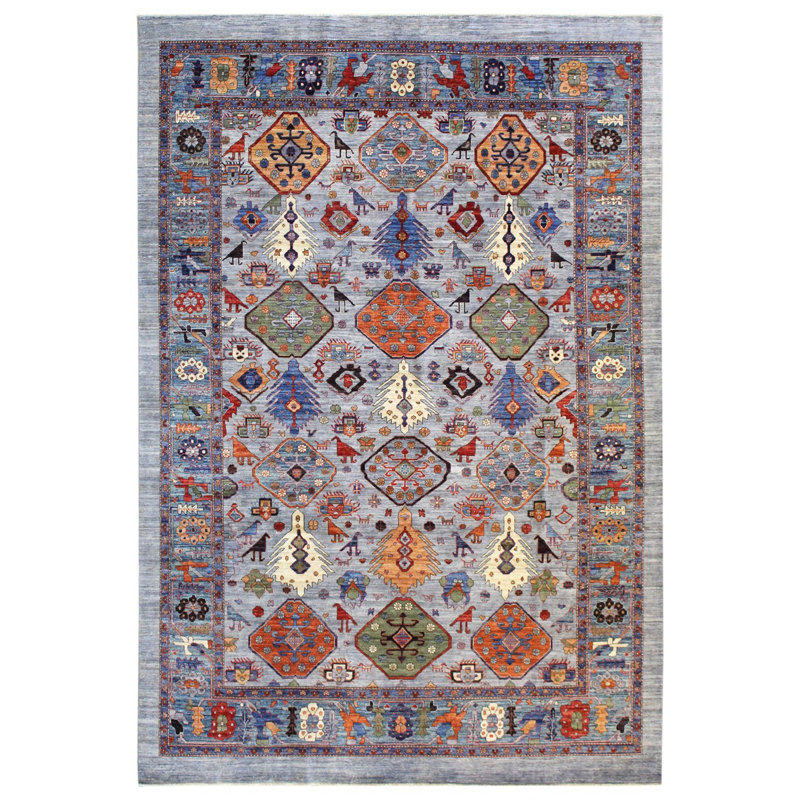 Tapis gris en laine noué à la main de conception unique 9 pi 7 po x 13 pi 10 po New Age