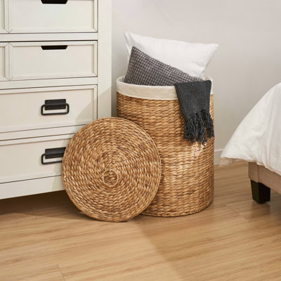 Ludmilla Round Tall Water Hyacinth Woven Wicker Laundry Hamper with Lid - For Clothes, Canvas, Toys and Book Storage with Removable Liner - 15" x 15" x 20" - Natural Brown