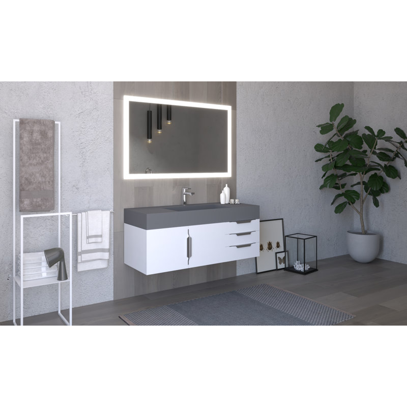 Meuble-lavabo mural simple 48 po avec comptoir à surface solide 48 po, gris, Blanc, Chrome