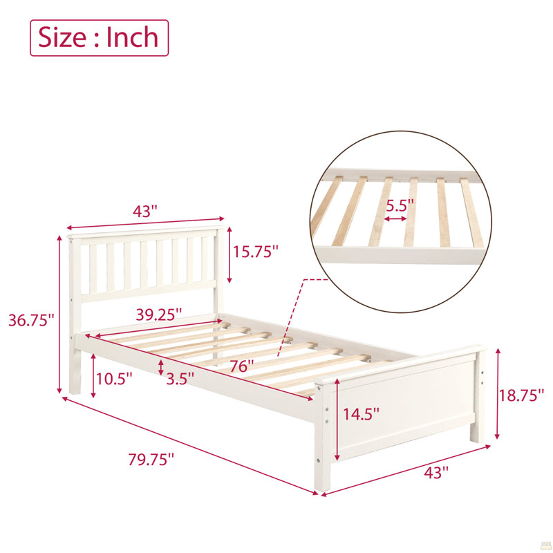 Base de lit plateforme simple en bois avec tête de lit, pied de lit et lattes de bois