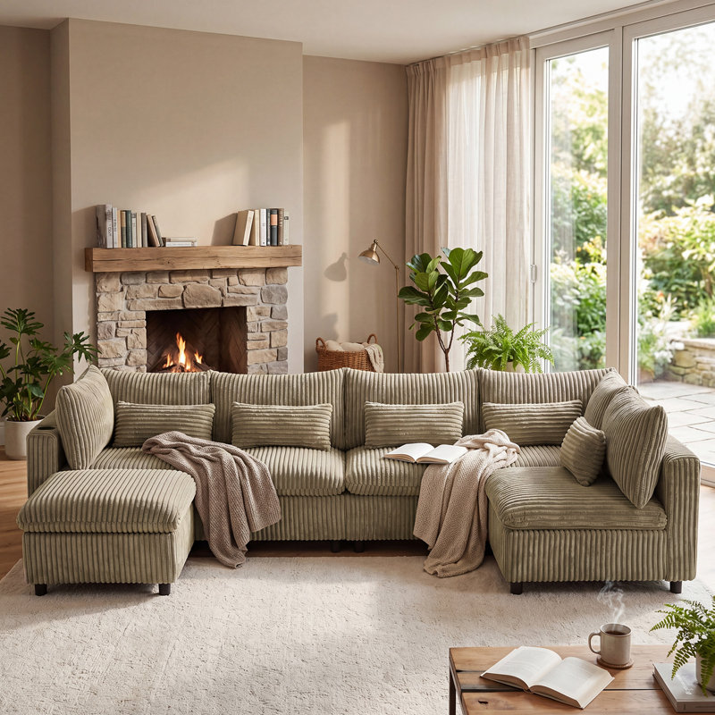 6 Seater Corduroy Sectional Sofa with Movable Ottoman & Usb Cup Holder Storage Corner Couch, Light Camel Corduroy
