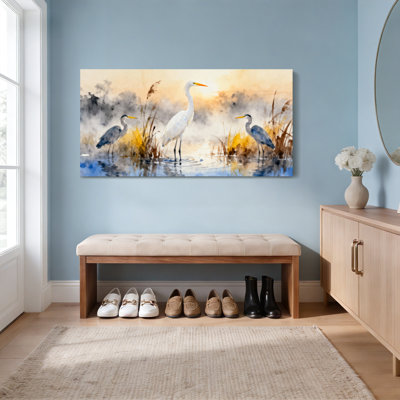 «Egret Birds Watercolor Landscape», ensemble de 1 reproduction d'art sur toile tendue