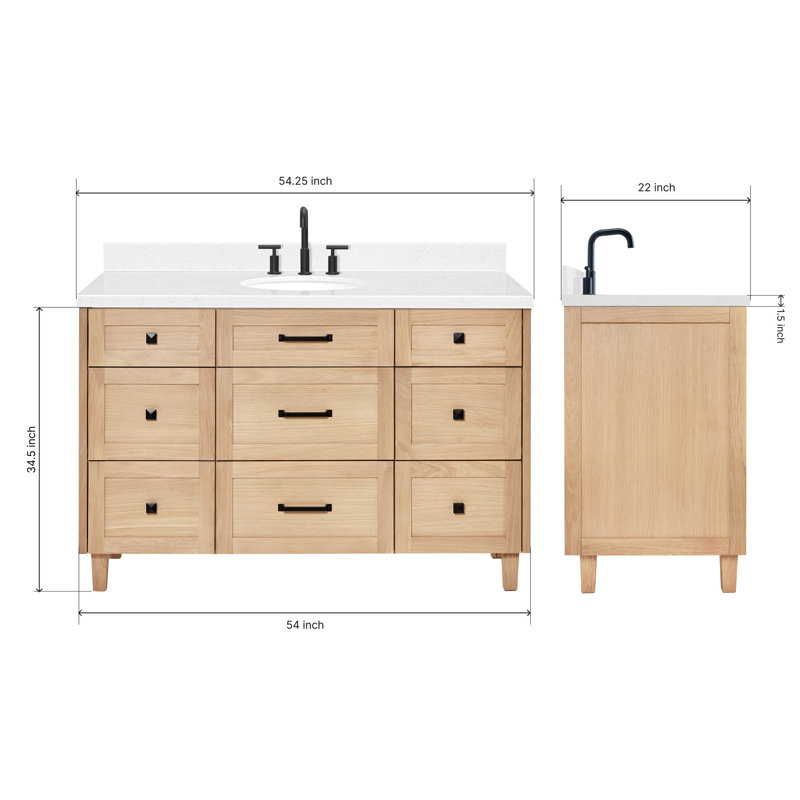 ARIEL Monrow Single Sink Bathroom Vanity with Carrara Quartz Top, Oak, 54", Carrara White Quartz
