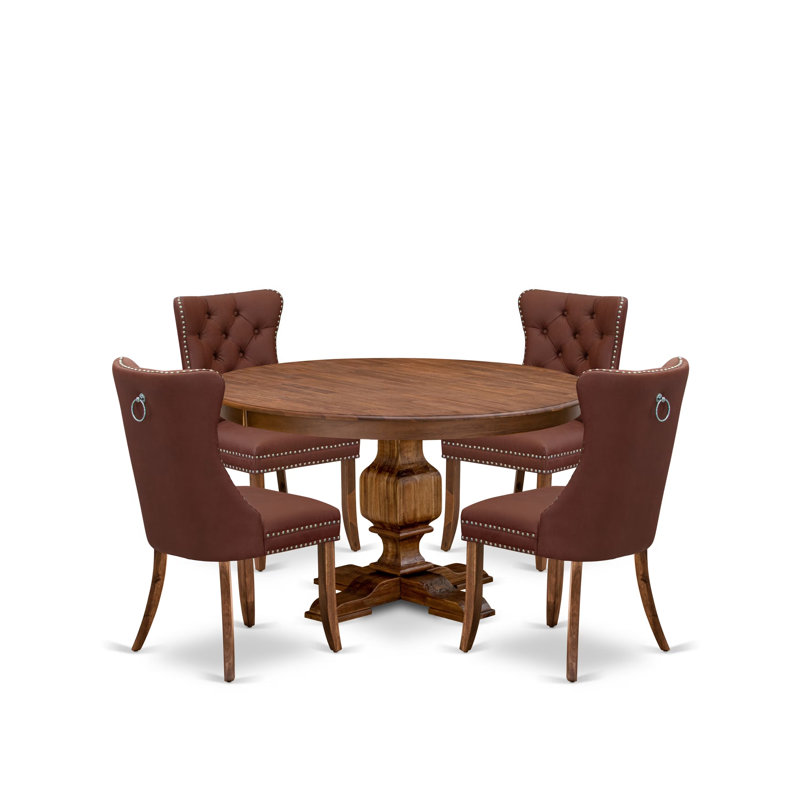 5-Pc Dining Room Set Include a Round Table and 4 Burgundy Polyester Fabric Upholstered Chairs with Button-Tufted Back, Antique Walnut