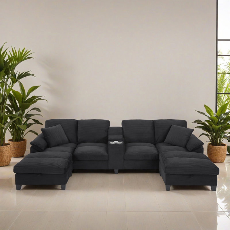 Canapé modulaire moderne rembourré en forme de U de 116,92 po, canapé en velours côtelé avec repose-pieds et ports USB pour le salon