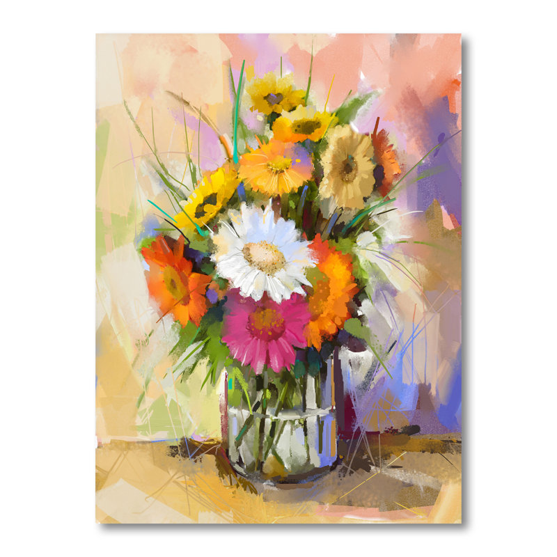 Bouquet de fleurs de gerbera - Peinture, H 20 po x l 12 po x P 1 po, Toile tendue