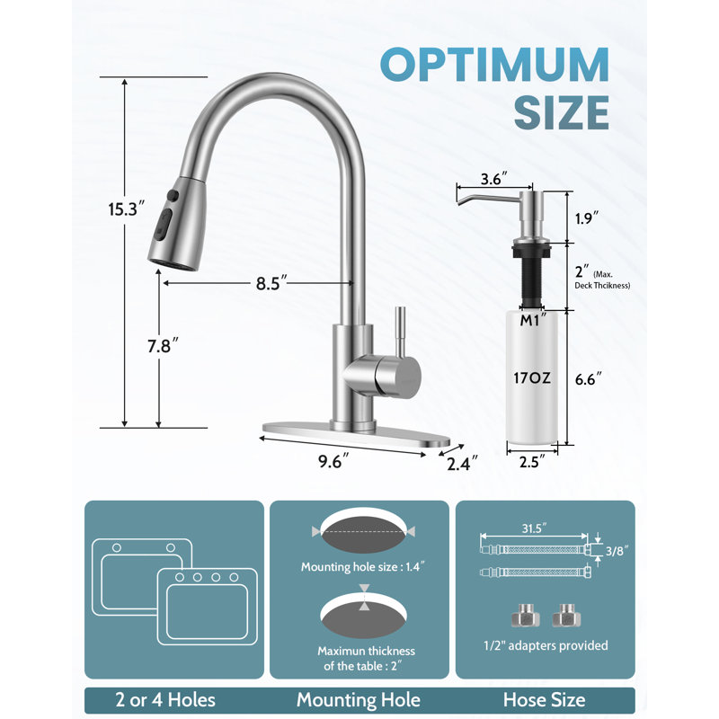 WOWOW Pull Down Kitchen Faucet with Soap Dispenser, Brushed Nickel