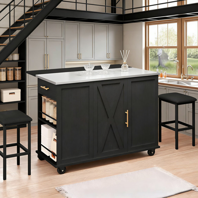 Îlot de cuisine mobile avec comptoir en acier inoxydable, rallonge pliable, tabourets de siège et armoire à ordures