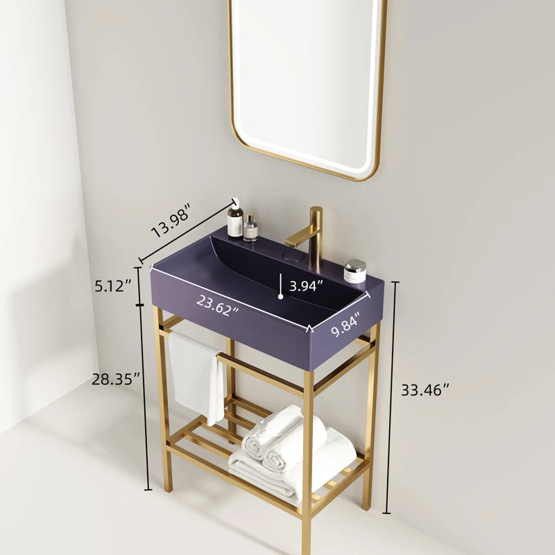 Meuble-lavabo de salle de bain en céramique 24 po - Mauve rectangulaire brillant, console autoportante, pieds en métal, tablette dorée, solide avec lavabo brillant, unité de rangement pratique
