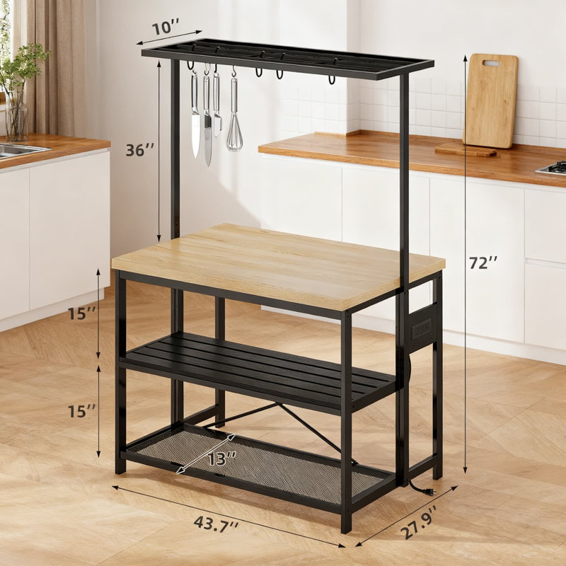 Îlot de cuisine avec support pour micro-ondes, étagère de rangement à 3 niveaux et 5 crochets, support de boulanger en métal et en bois polyvalent pour la salle à manger et le salon