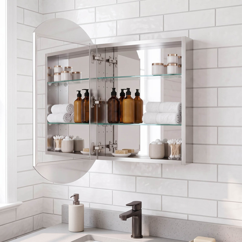 Armoire à pharmacie en aluminium à miroir biseauté encastré et mural moderne l 20 po x H 32 po avec charnières à fermeture douce, finition aluminium
