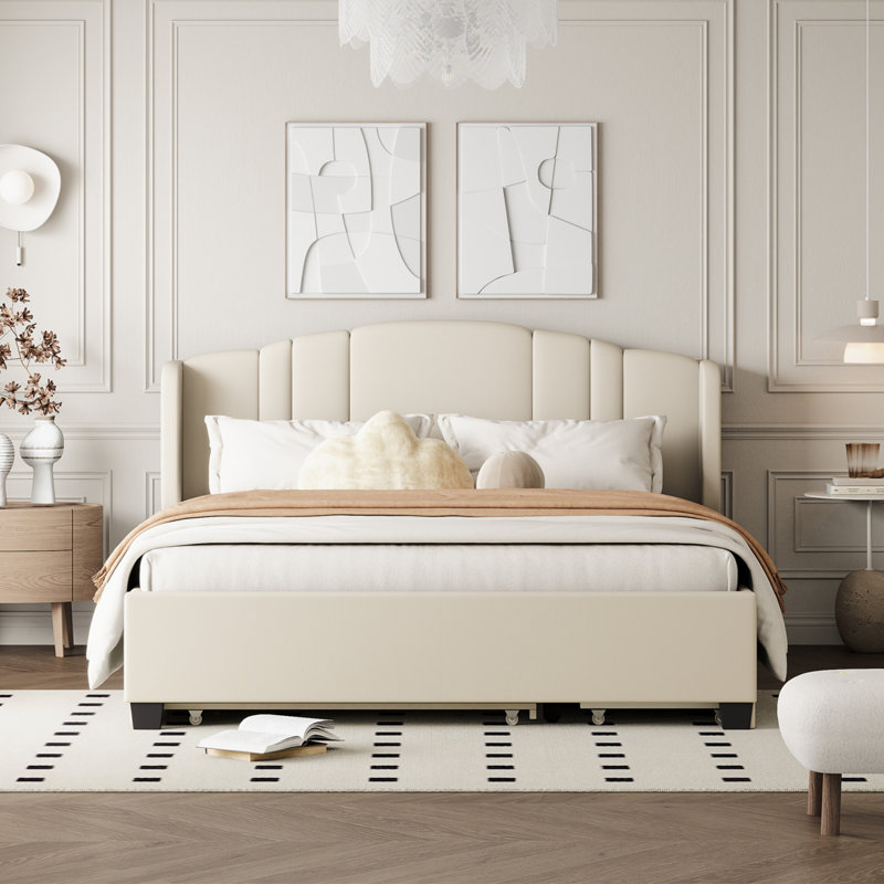 Lit plateforme tapissier avec tête de lit à oreilles, lit gigogne simple et 2 tiroirs, Beige
