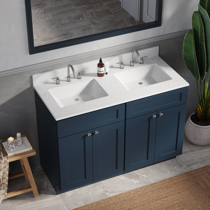 Shaker de meuble-lavabo double 48 po avec éclaboussures de dessus et de dos en quartz de Carrare Disar, Bleu