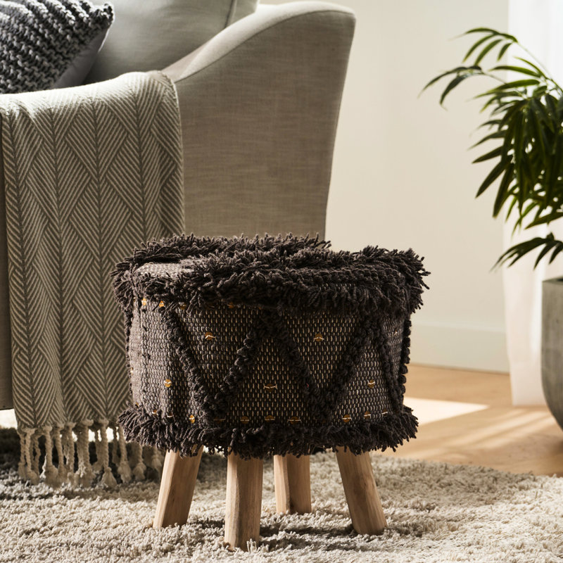 Tabouret de 16 po de largeur tissé à la main en laine et en coton avec support en eucalyptus de 16 po