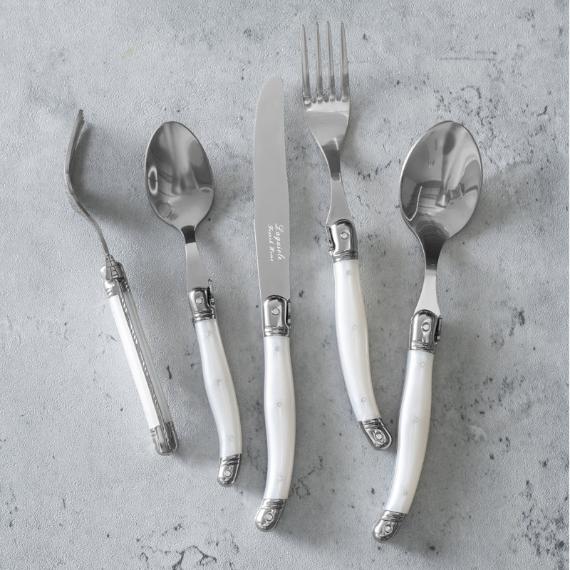 French Home Laguiole Connoisseur 20-Piece 18/10 Stainless-Steel Flatware Set With Pearl White Handles, White/Silver