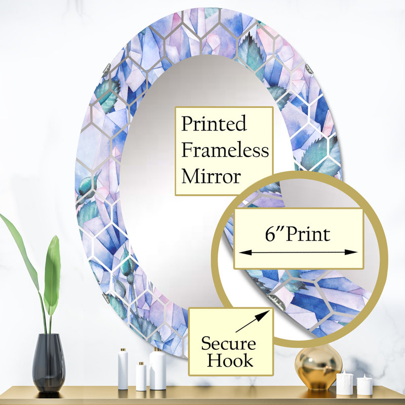 Miroir mural traditionnel à feuilles bleues et cristal rose, 36 po x 24 po