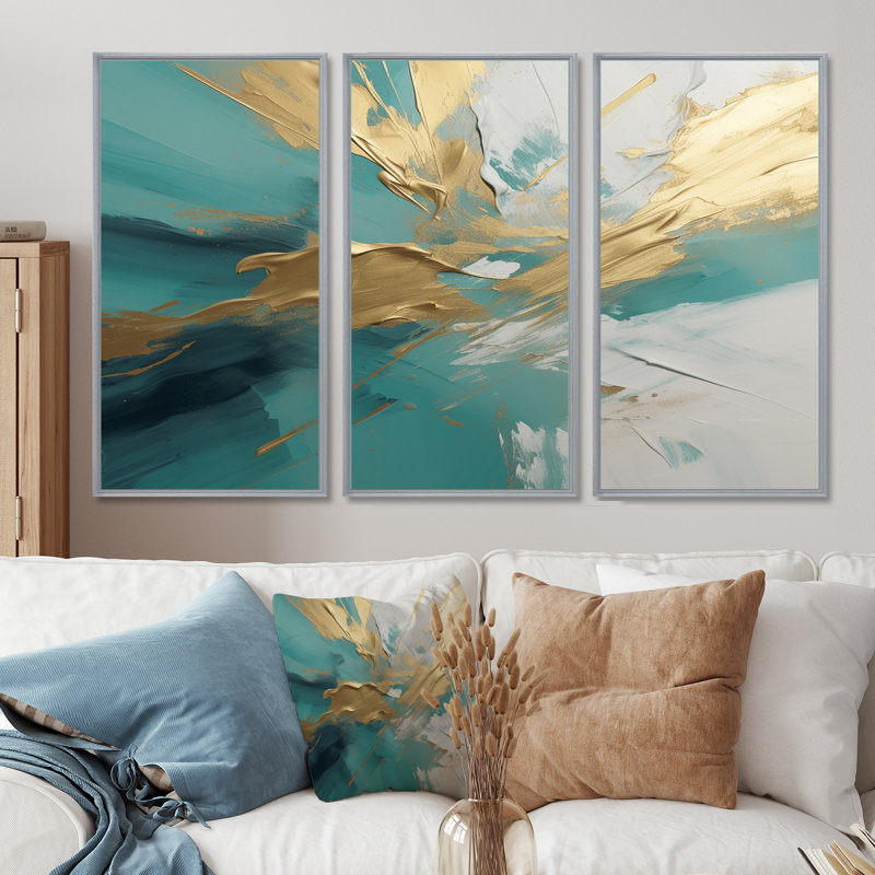 Ensemble de salon Golden Sunrise On Turquoise I - Beach & Ocean, Encadrement argenté, H 32 po x l 48 po x P 1 po