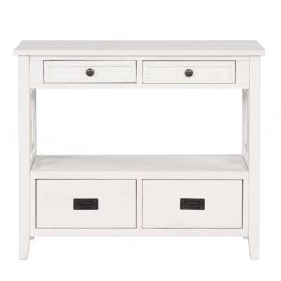 36" Farmhouse Pine Wood Console Table With 4 Drawers & 1 Storage Shelf For Entryway, Living Room, Bedroom, Hallway, Kitchen