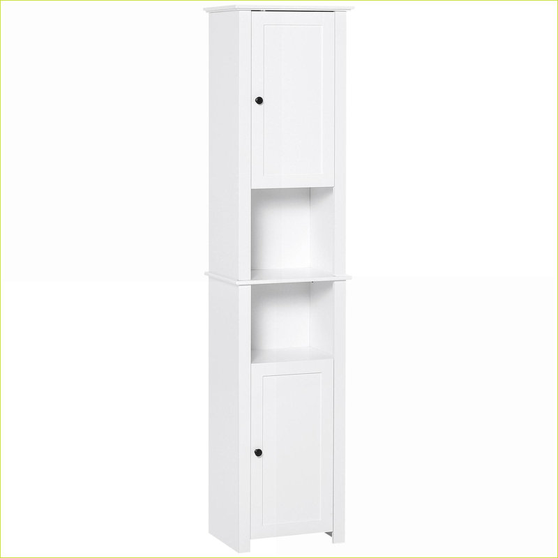 Grande armoire de rangement autoportante pour salle de bain - 2 tablettes et 2 armoires en lin blanc avec rangement au sol étroit de style moderne pour la décoration intérieure
