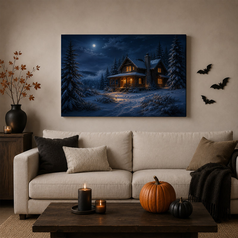 Cabane en bois rond enneigée aux fenêtres illuminées sous une toile murale d'Halloween, H 20 po x l 30 po