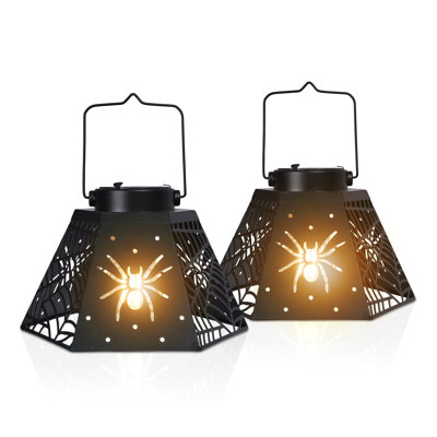 2pcs Halloween Outdoor Hanging Lanterns-halloween Spider Web Solar Lantern,black Metal Cutout Design With Spooky Spider Motifs, Solar - Charged Led Light For Garden, Patio & Haunted Decor,2 Pack