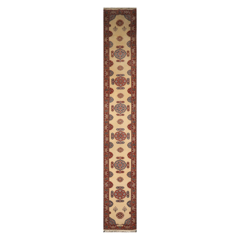 Tapis de couloir beige / brun en laine noué à la main de conception unique 2 pi 7 po x 17 pi 9 po Jarmen
