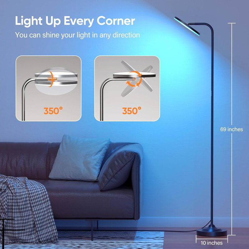 Stepless Dimming Color Changing Torchiere Floor Lamps With Remote, 350°rotating Modern Tall Floor Lamp