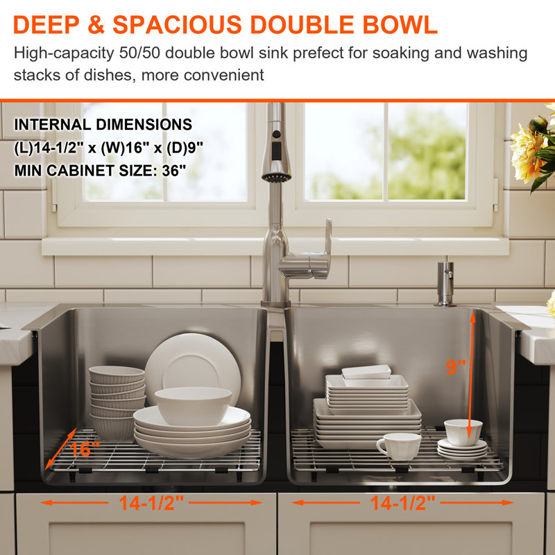 Blenzia 33 Inch Double Bowl Drop In 33x22 Topmount 18 Gauge Stainless Steel Handmade Kitchen Sink with Strainer & Grid 33" x 22" x 9"