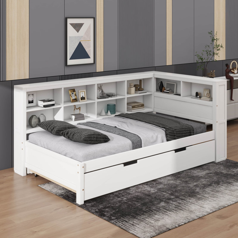 Lit de jour en bois avec lit gigogne et tablette de rangement, Lit simple, Blanc
