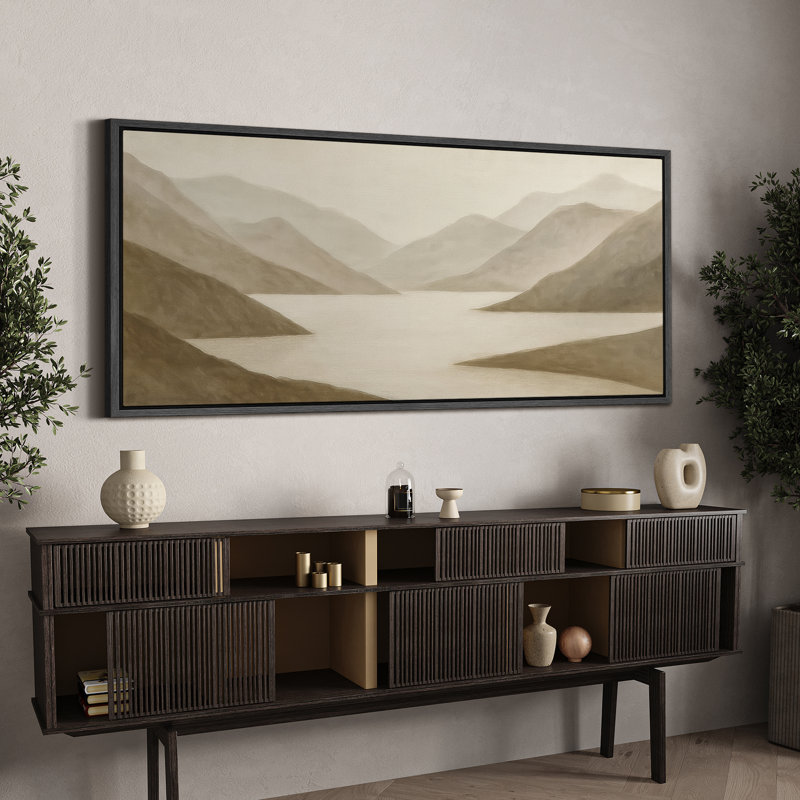 Large Framed Canvas Print Wall Art - Neutral Abstract Landscape Print for Modern Home Decor, Black, 30" H x 60" W