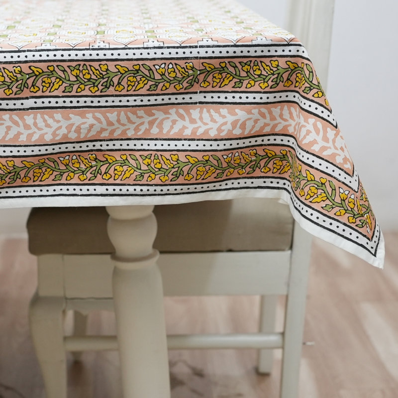 Hand Block Printed Cotton Tablecloth – Peach & Green Motif, Jarokha, Pink, 60" W x 90" L