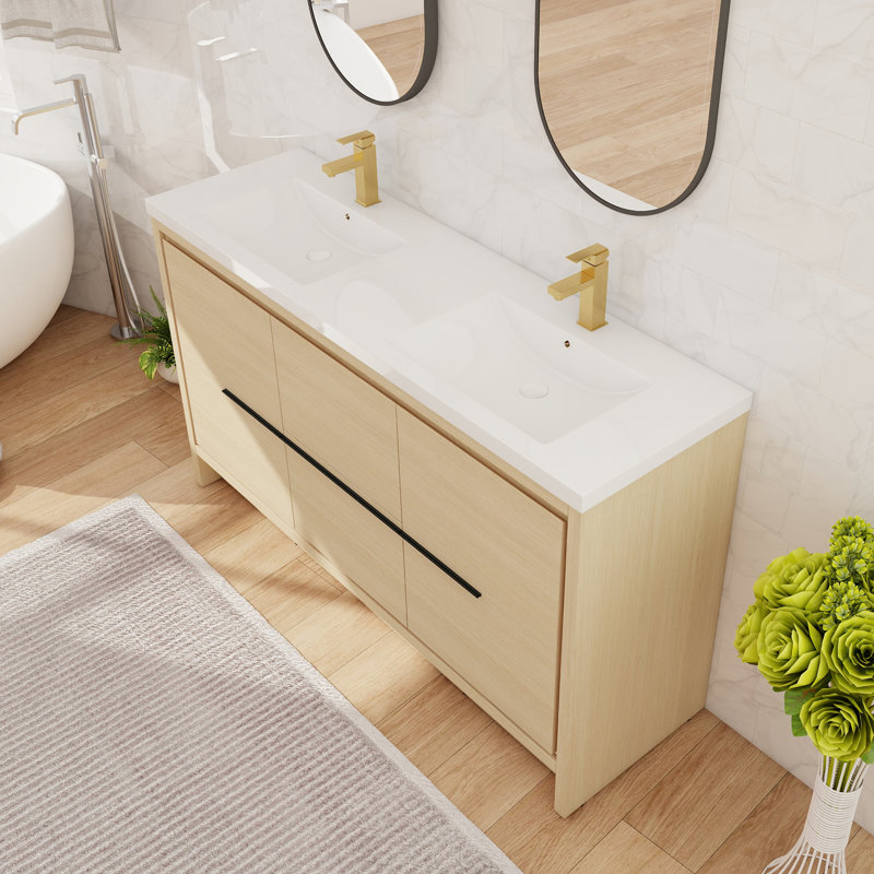 Meuble-lavabo autoportant double 60 po avec lavabo en résine 60 po et 2 portes, 2 tiroirs et 2 tablettes, 60"