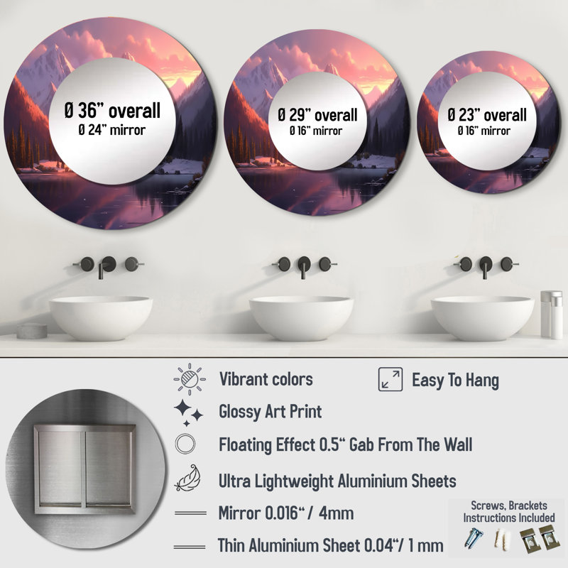 Portuna Lake And Mountain Peaks - Purple Wall Mirror, Traditional Round Decorative Mirror, Printed Metal Art, 29" x 29"