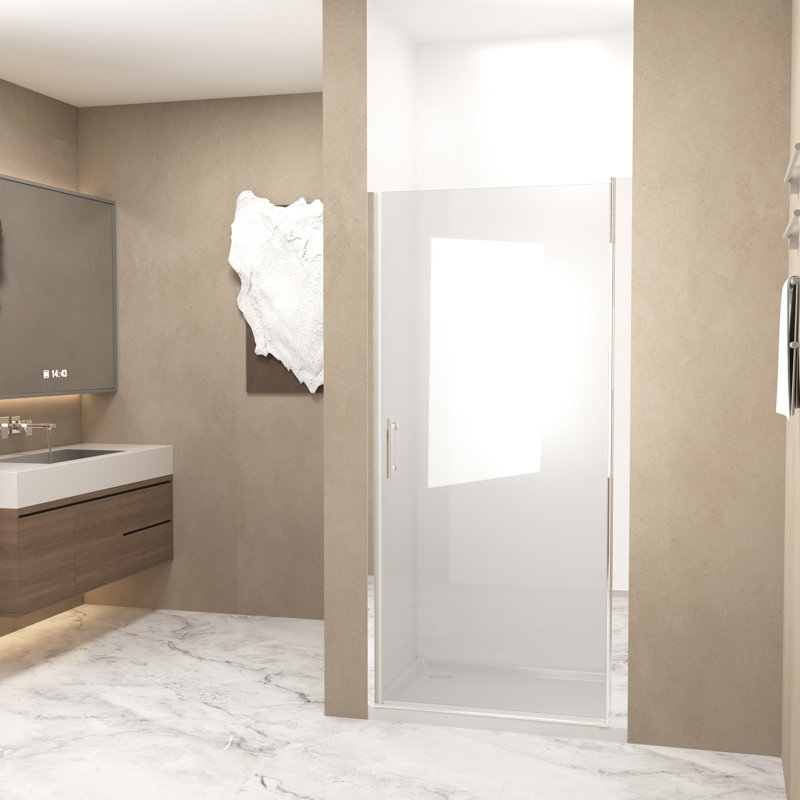 Porte de douche pivotante 28 po x 72 po avec demi-cadre en aluminium brossé nickel, verre trempé de 1/4 po de 6 mm, emballage antichoc, poignée en acier inoxydable tendance pour salle de bain fonctionnelle