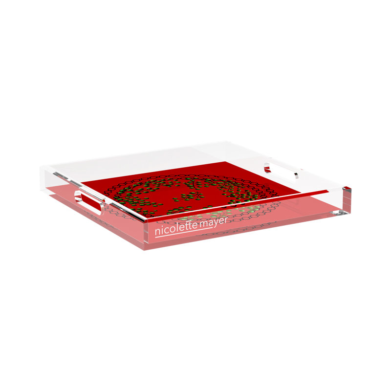 Christmas Berries Green Red Acrylic Square Decorative Tray, 15"W x 15"D x 2"H