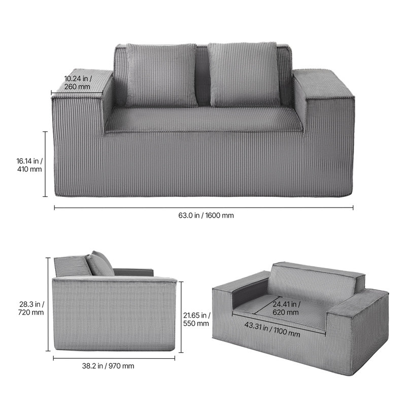 Loveseat Sofa, 63-Inch 2-Seats Couch for Living Room, Modern Small Corduroy Couch with Pocket Springs, Soft Cushions, Comfy Loveseat for Bedroom, Office or Apartment, No Assembly Required, Gray